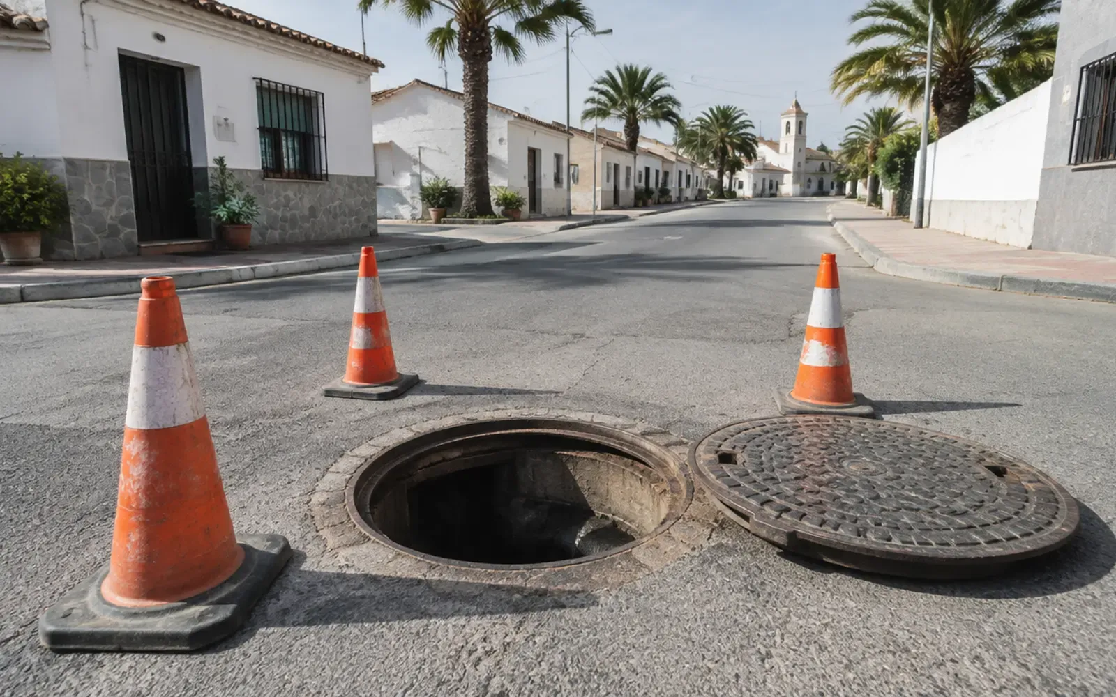Pozo de registro abierto con conos de señalización en una calle