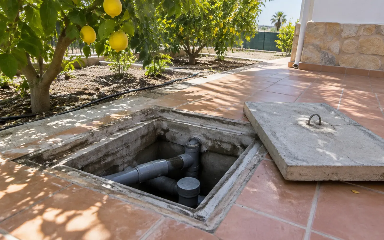Arqueta de registro abierta en un patio con las tuberías a la vista