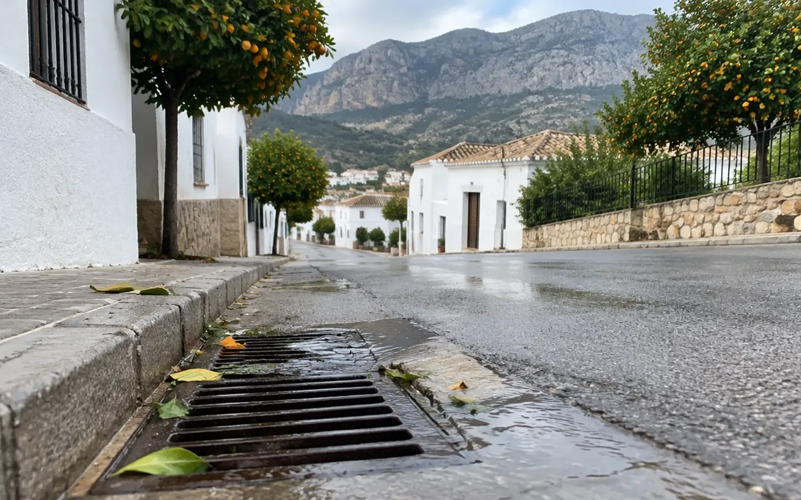 Imbornal de una calle con agua y hojas junto al bordillo