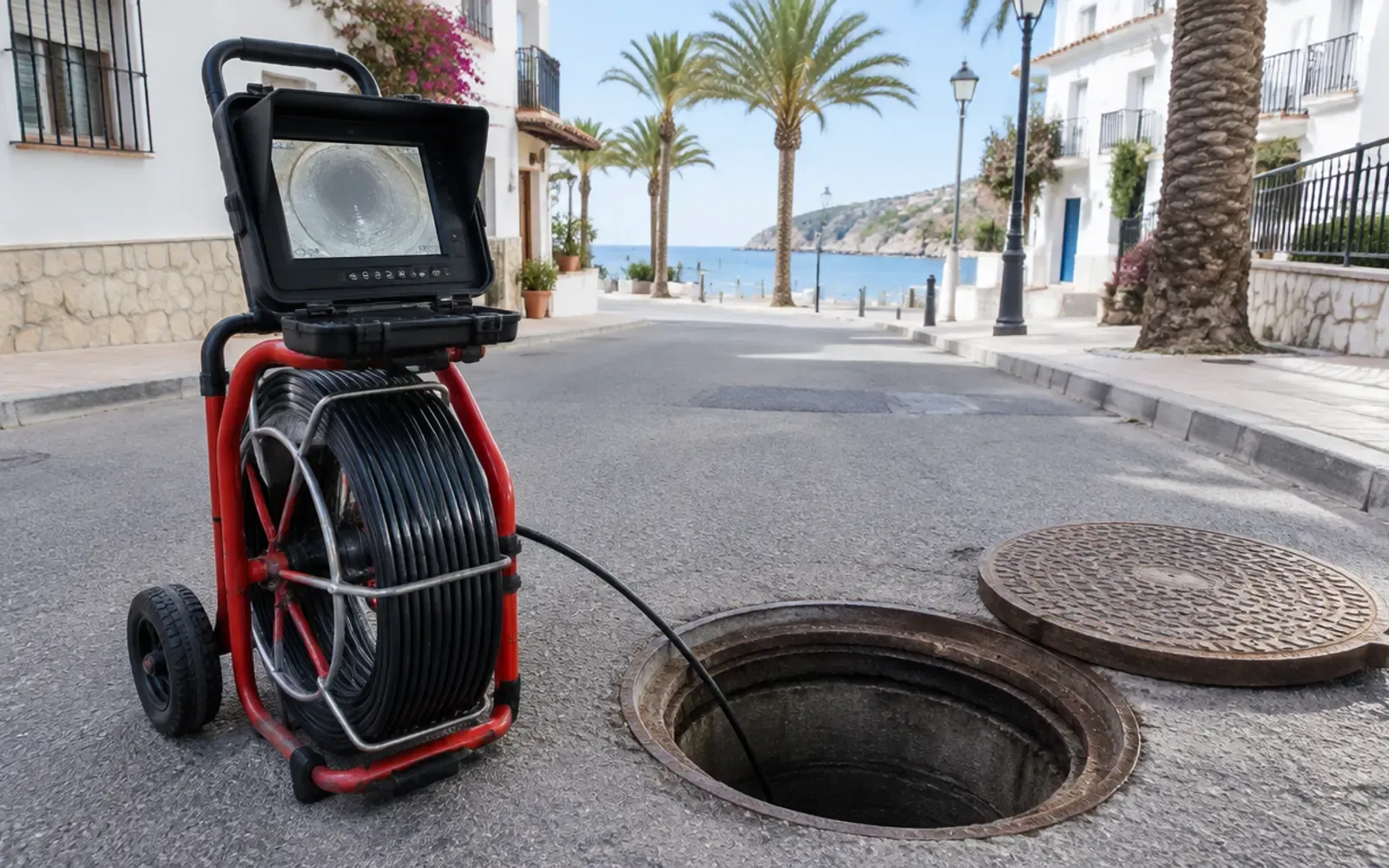 Equipo de inspección con cámara junto a un pozo de registro abierto en una calle con palmeras